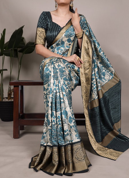 YNF7050 Tussar Silk Printed With Viscose Border Saree Suppliers In India